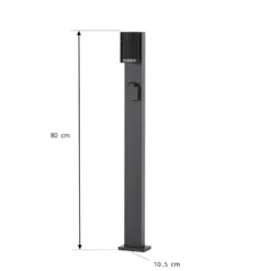 Bolardo luminoso Lindby Enerio, negro, con toma de corriente, 80 cm, GU10
