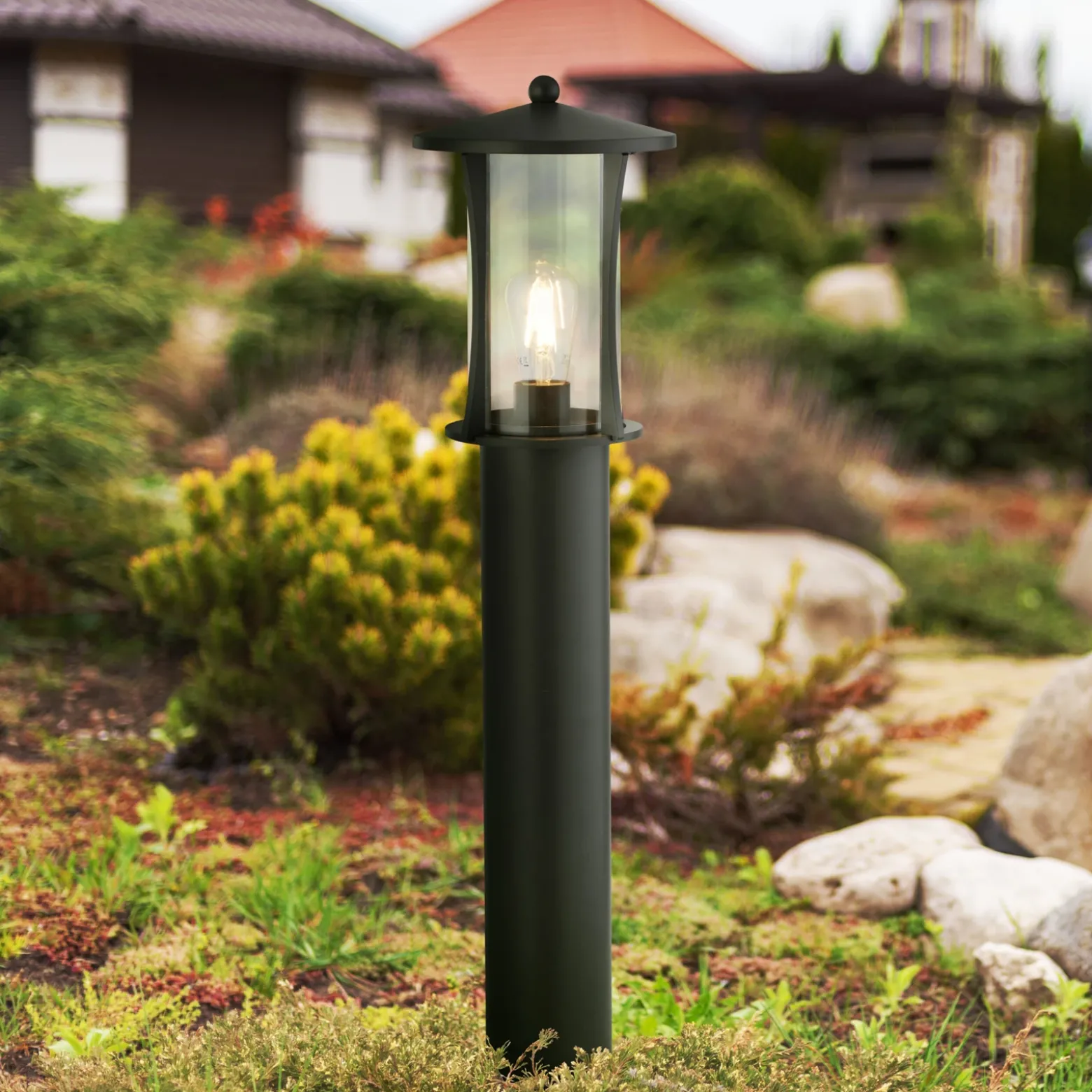Bolardo luminoso Pagoda, IP44, negro, altura 73 cm, metal