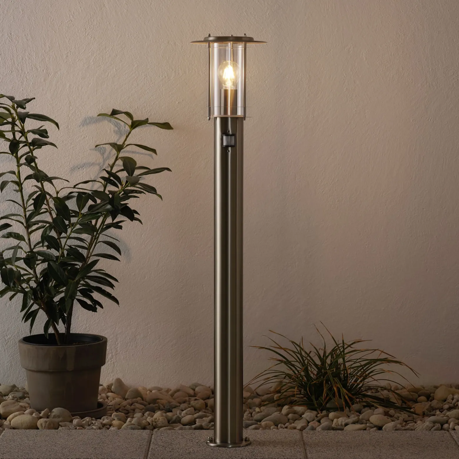 Bolardo luminoso York, acero inoxidable, detector de movimiento, IP44