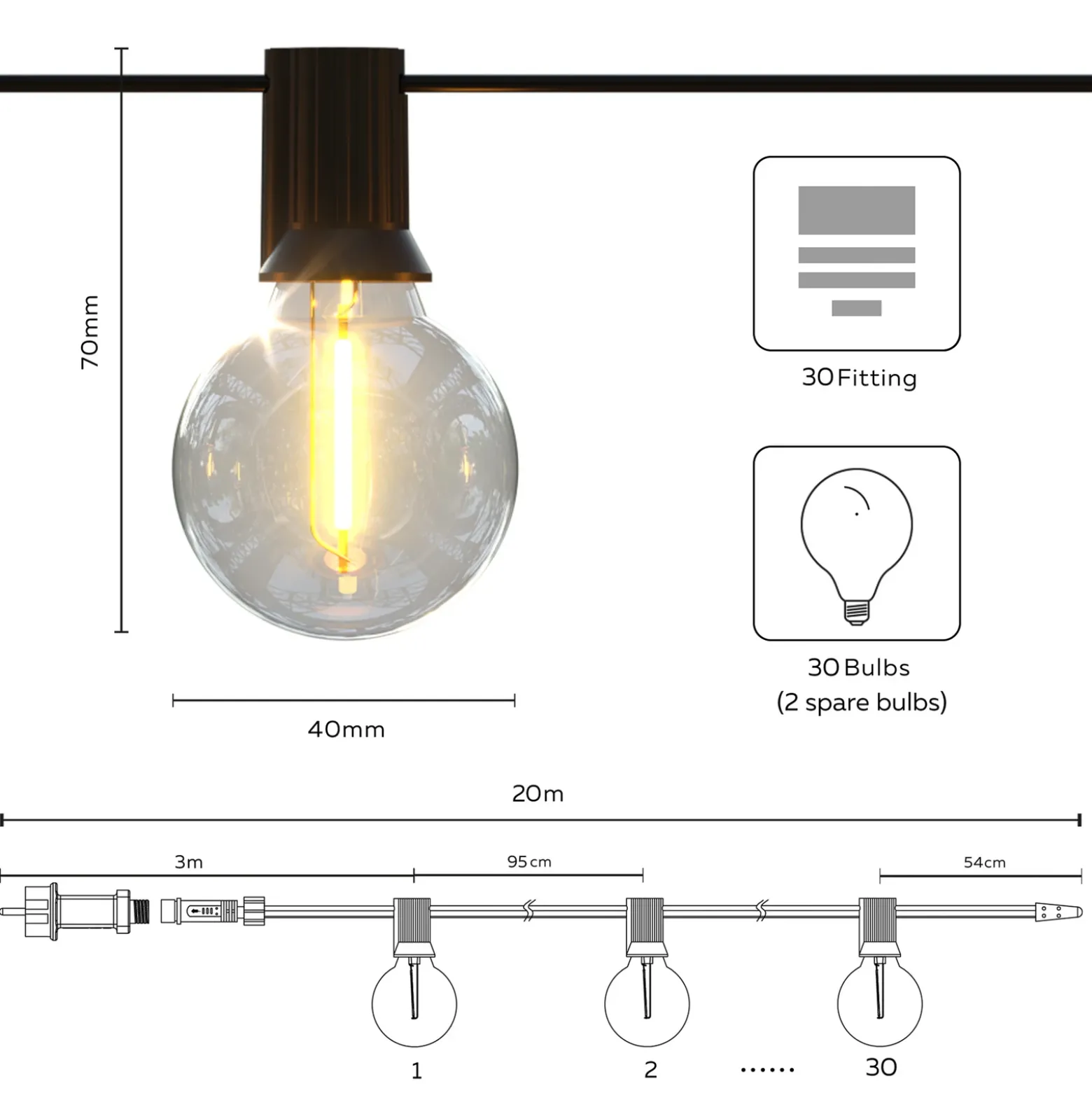 Cadena de luces LED solares Vista de Calex, longitud 20 metros, IP44