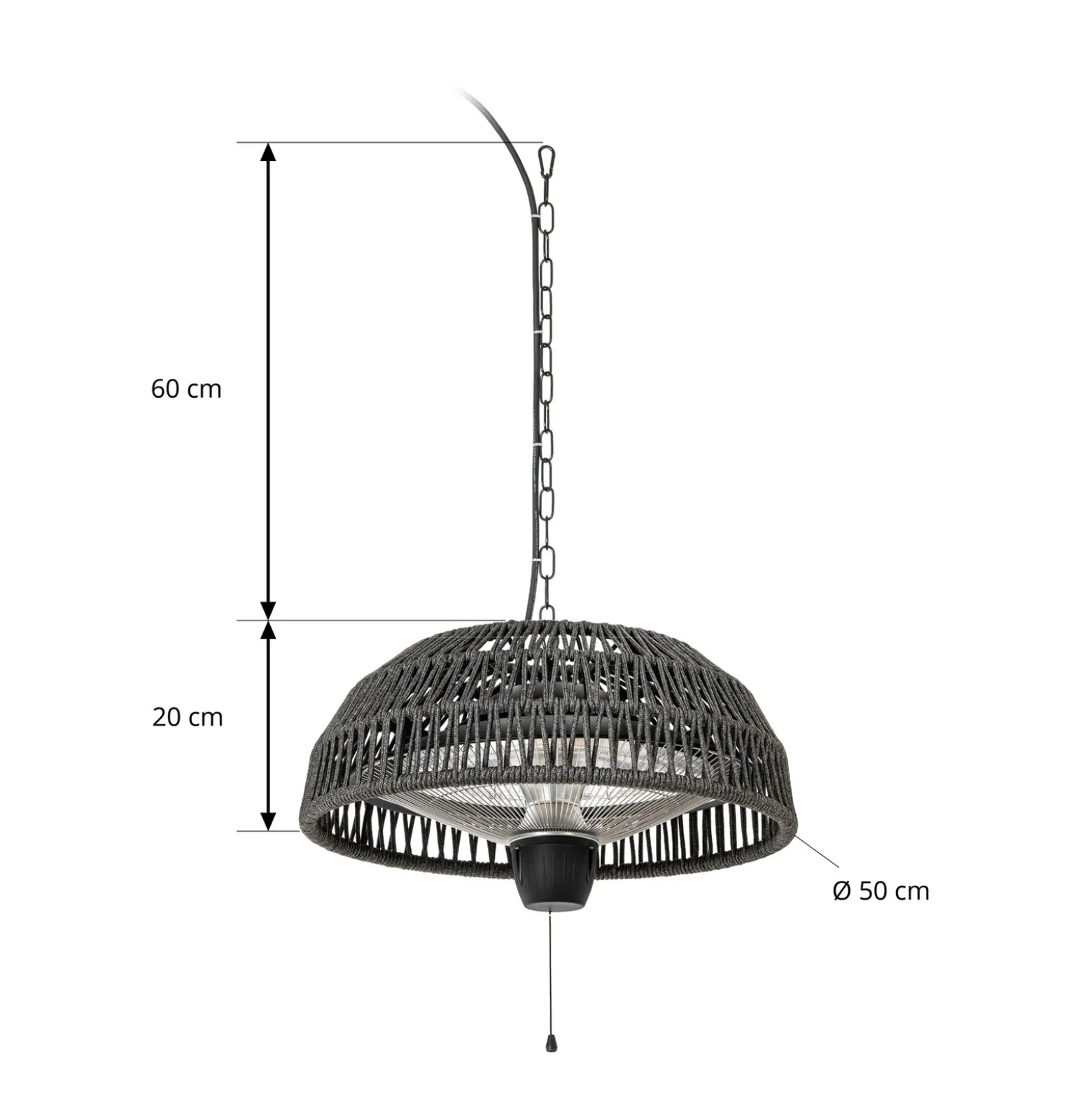 Calefactor colgante Lucande Calenza, negro, Ø 50 cm, 1.500 W
