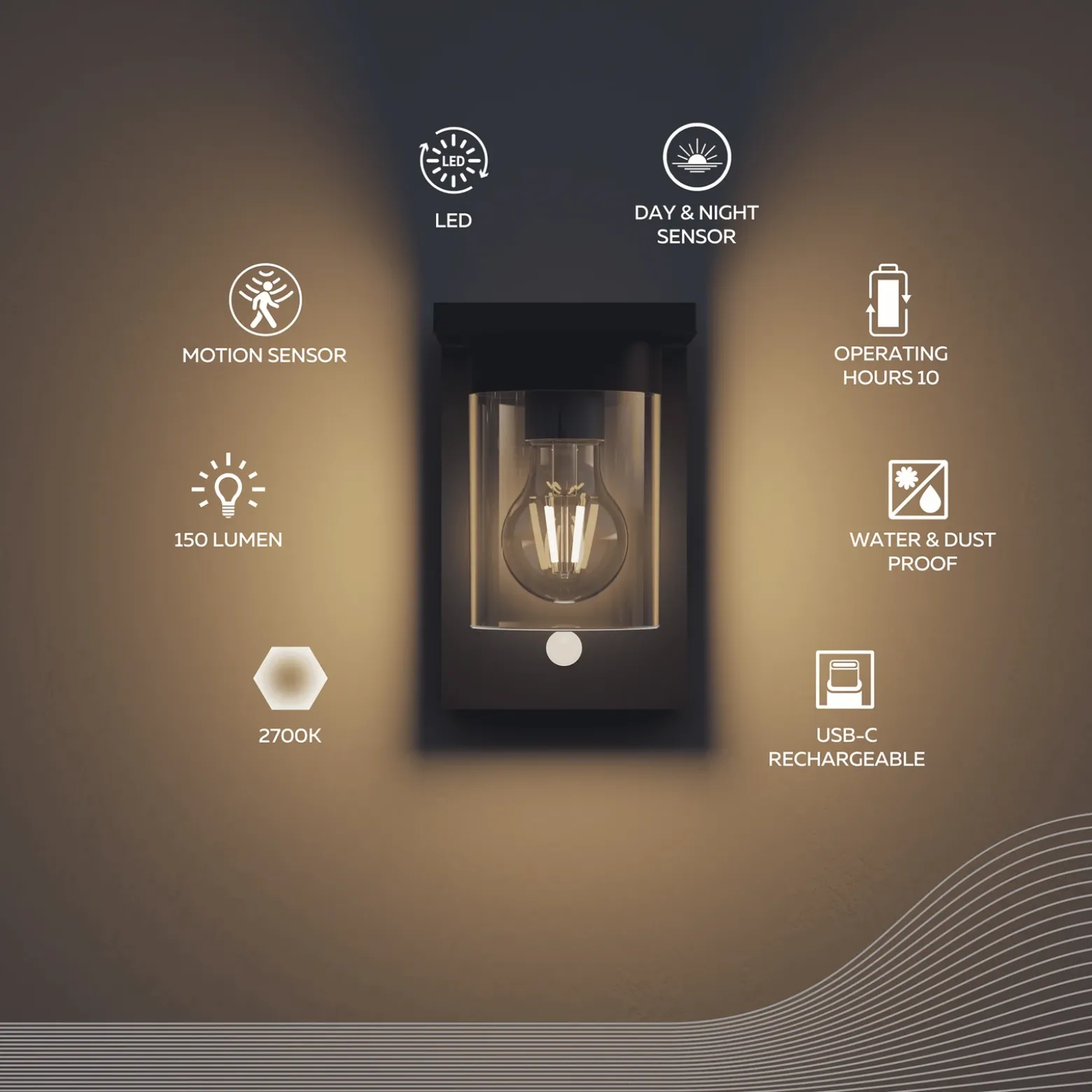 Calex Aplique LED para exterior Asti, sensor, IP44, negro