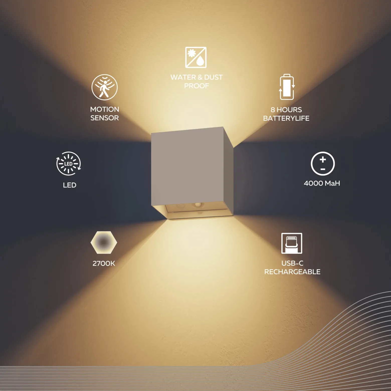 Calex Volterra, aplique LED para exterior con sensor y batería, arena, IP44