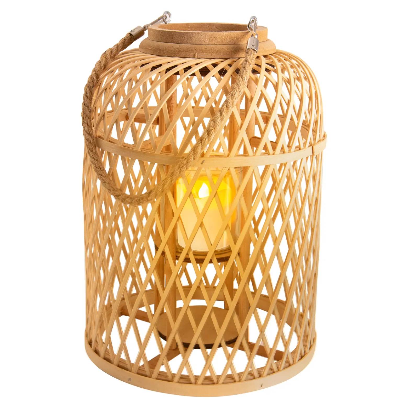 Cesta linterna solar LED, bambú, altura 38 cm, natural