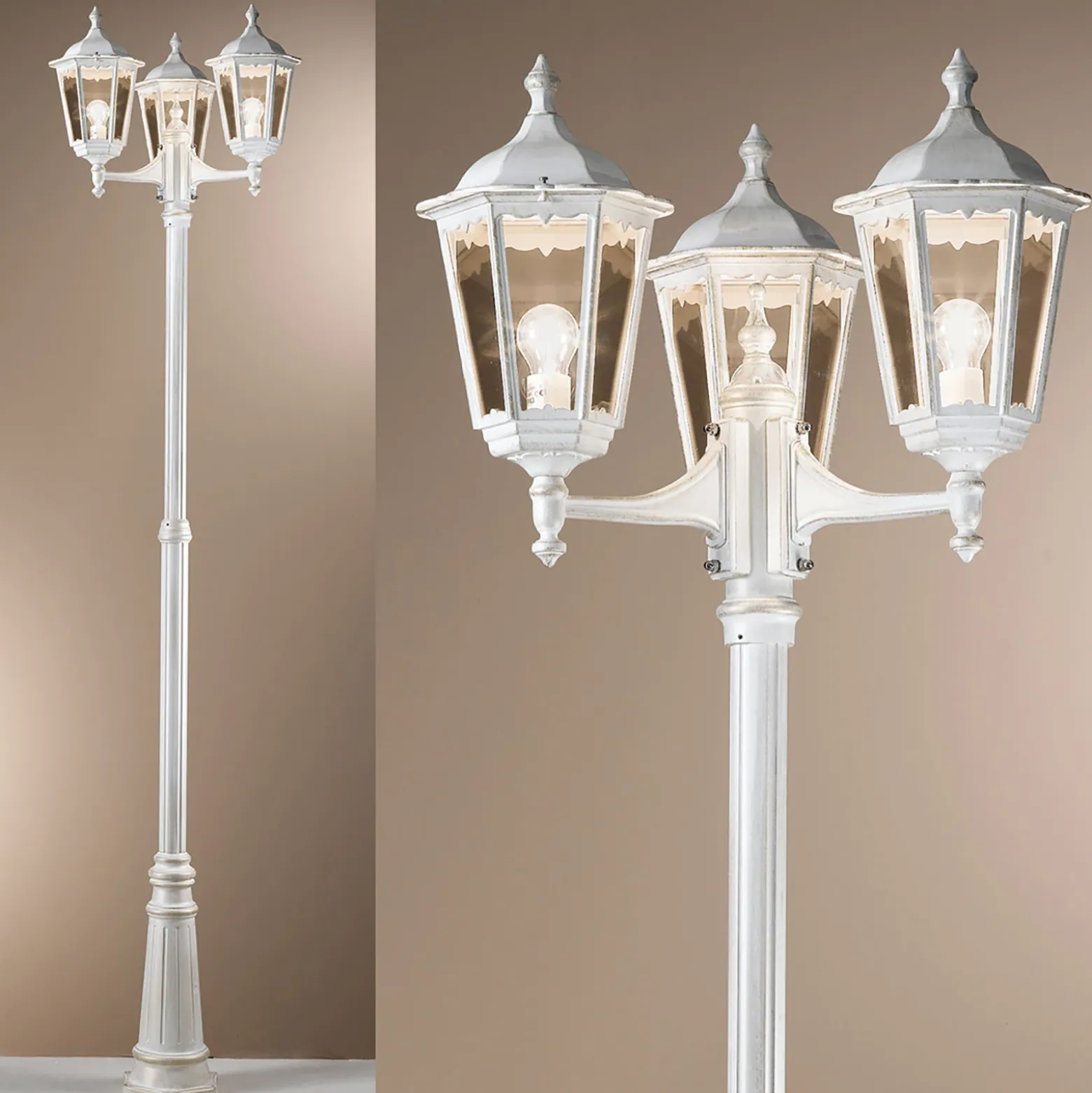 Farola Puchberg, 3 luces, 255 cm, blanco-dorado