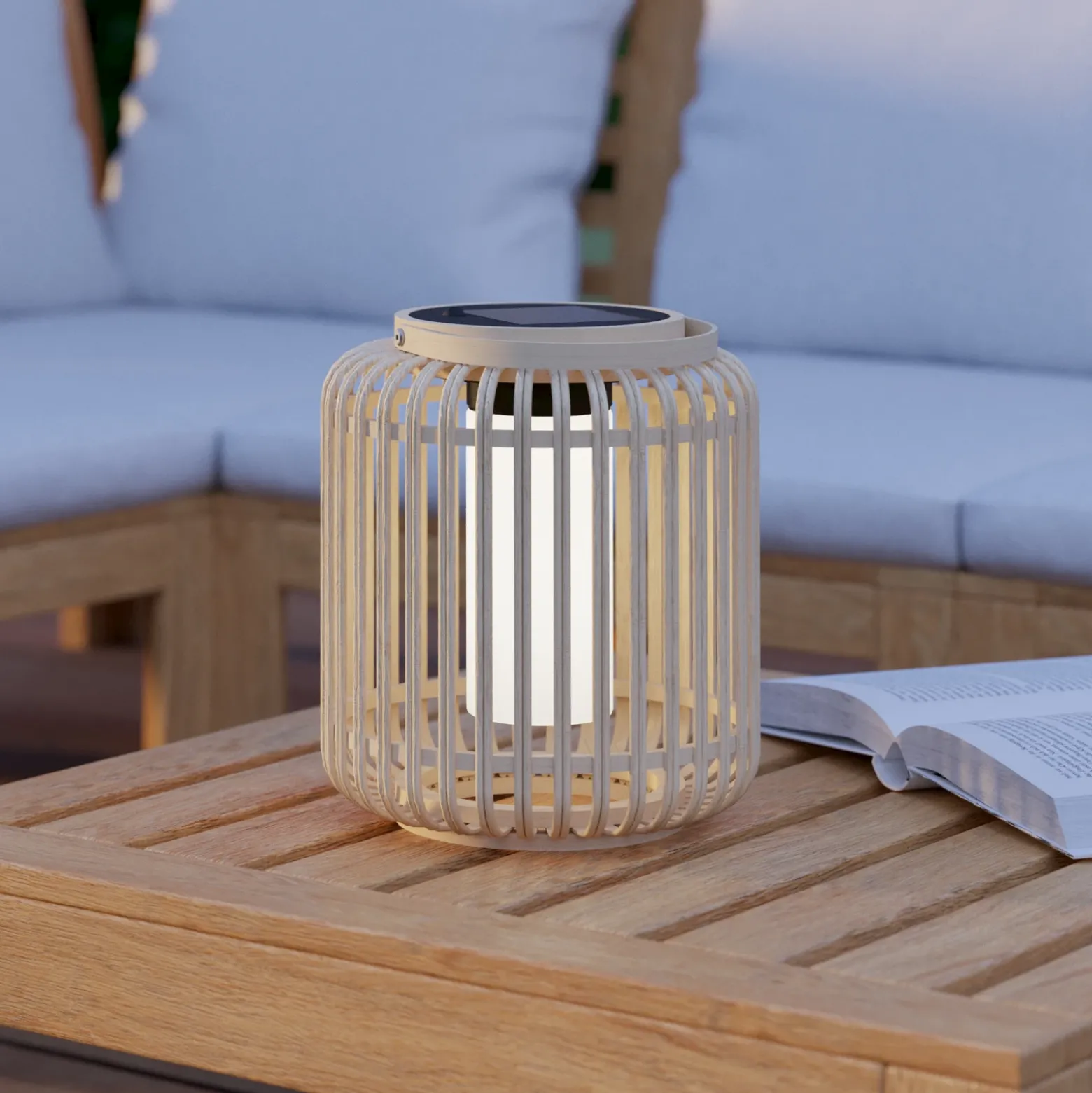 Farol LED solar Marliano, altura 24 cm, madera clara, madera