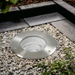Foco empotrable de suelo LED Arcchio Thentos, Ø 18 cm, 60°, níquel, IP67
