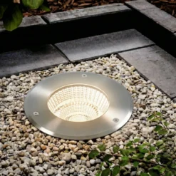 Foco empotrable de suelo LED Arcchio Thentos, Ø 18 cm, 60°, níquel, IP67