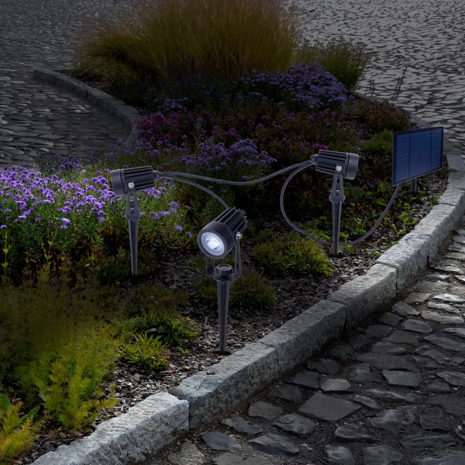 Foco LED solar con pica SPOTI, negro, juego de 3, IP44