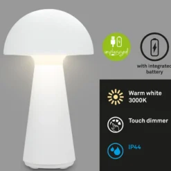 Fungo lámpara de mesa LED recargable, recargable, blanco