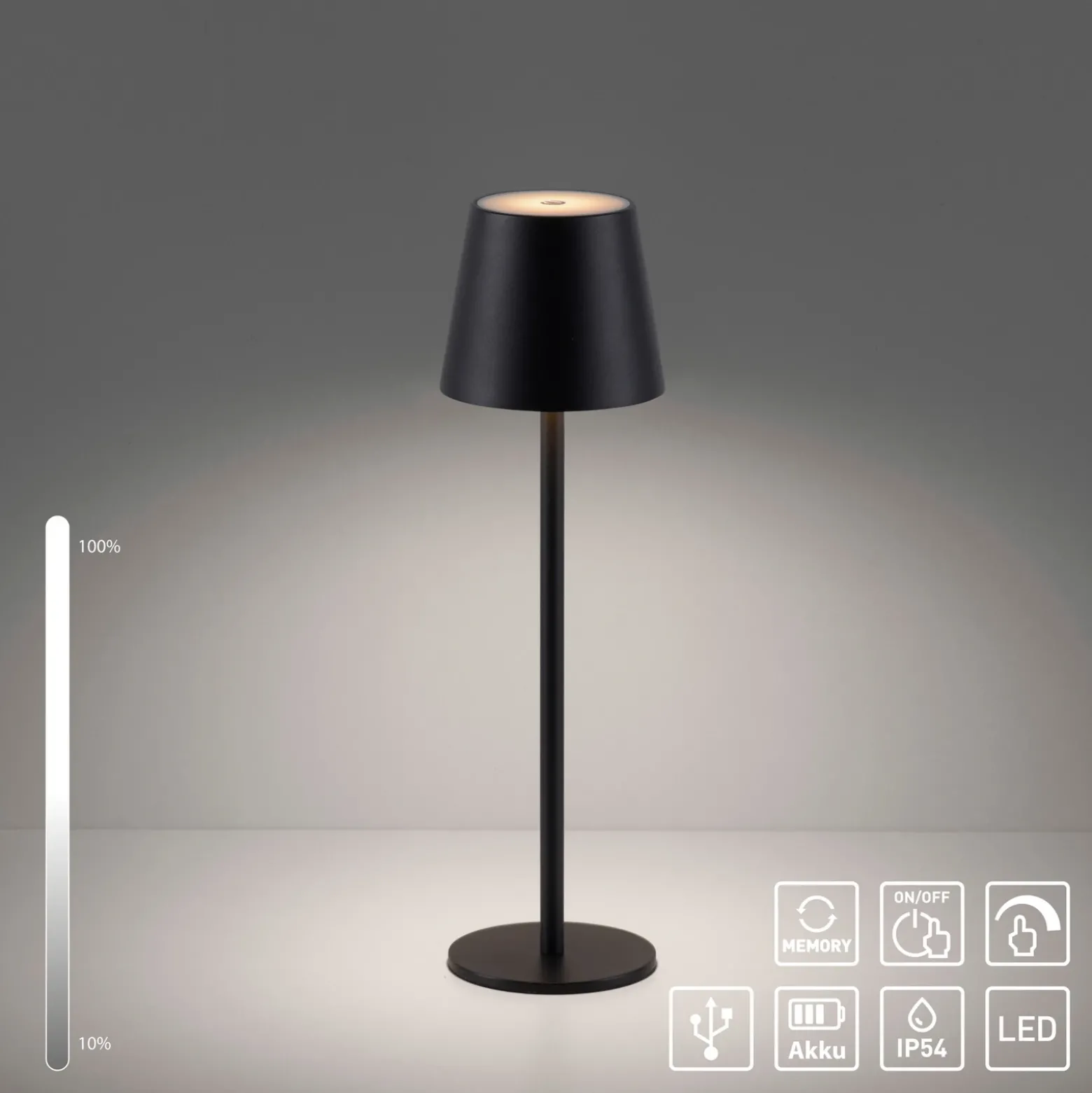 JUST LIGHT. Euria lámpara de mesa LED recargable, negro, hierro IP54