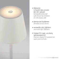 JUST LIGHT. Euria lámpara de mesa LED recargable, blanco, hierro, IP54