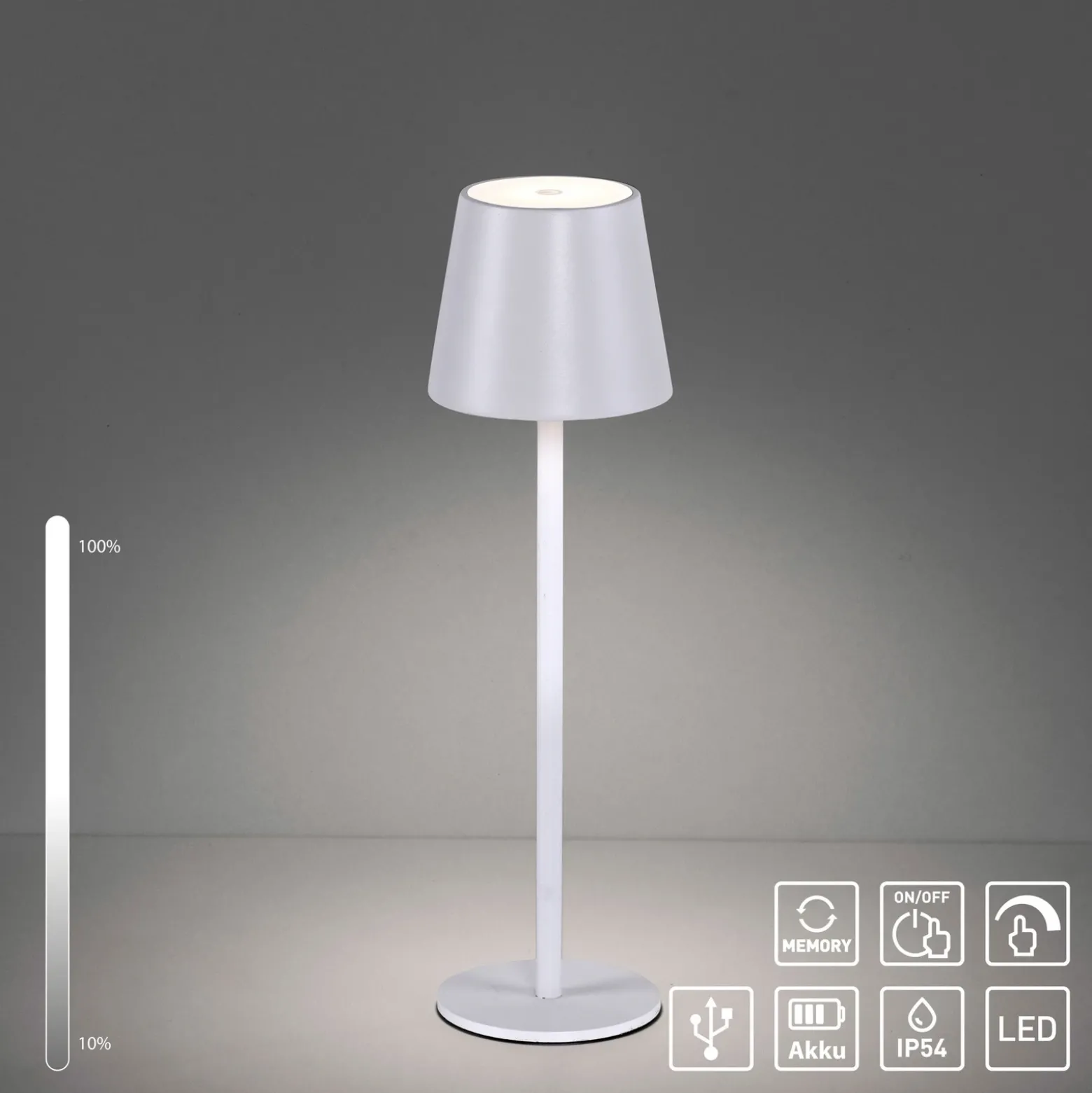 JUST LIGHT. Euria lámpara de mesa LED recargable, blanco, hierro, IP54