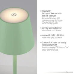 JUST LIGHT. Euria lámpara de mesa LED recargable, verde, hierro, IP54