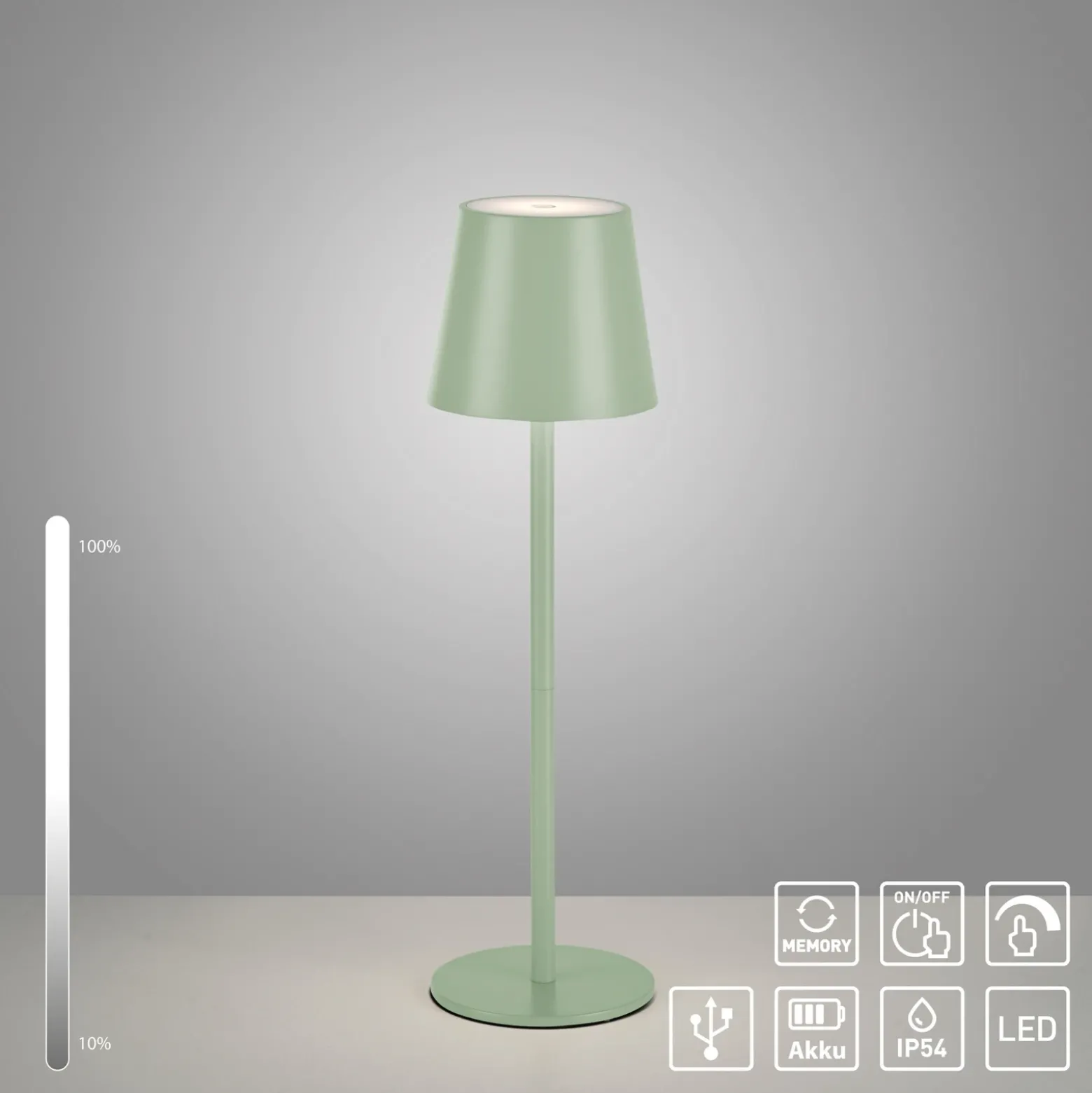 JUST LIGHT. Euria lámpara de mesa LED recargable, verde, hierro, IP54