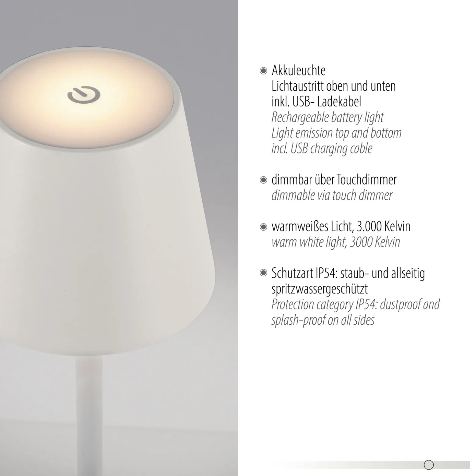 JUST LIGHT. Euria lámpara de pie LED recargable, blanca, hierro, IP54