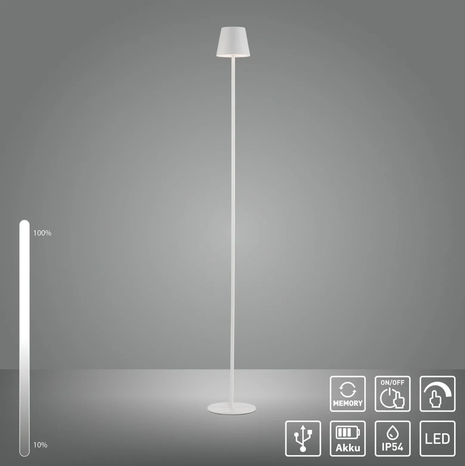 JUST LIGHT. Euria lámpara de pie LED recargable, blanca, hierro, IP54