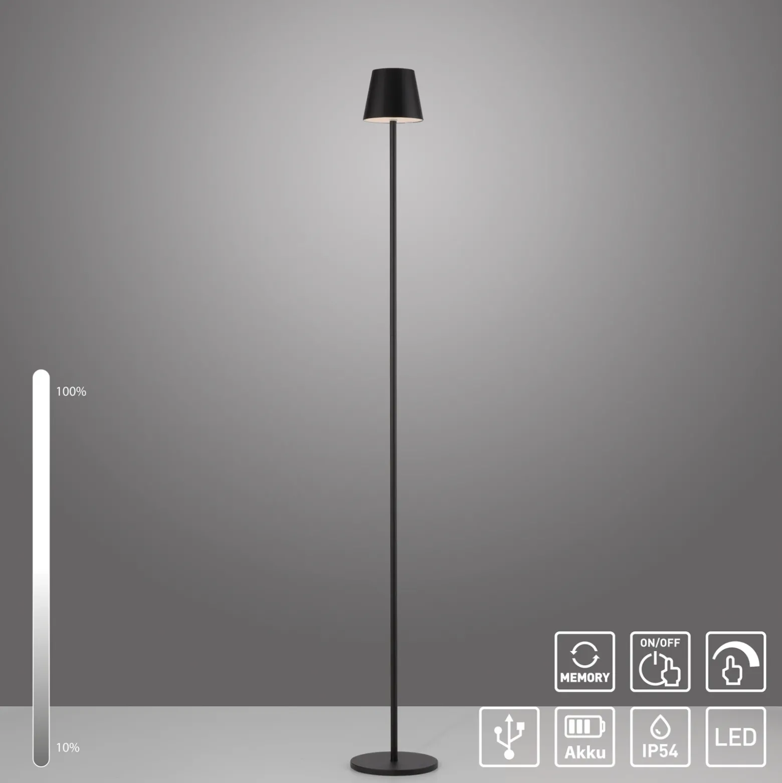 JUST LIGHT. Euria lámpara de pie LED recargable, negra, hierro, IP54