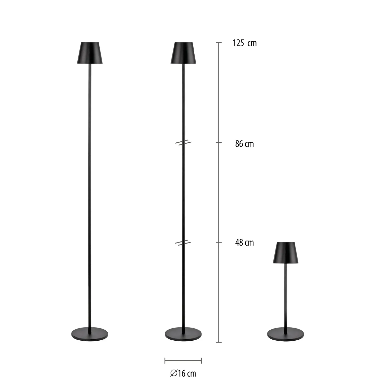 JUST LIGHT. Euria lámpara de pie LED recargable, negra, hierro, IP54