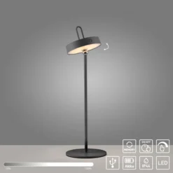 JUST LIGHT. Lámpara de mesa LED recargable Amag, negra, hierro, IP44