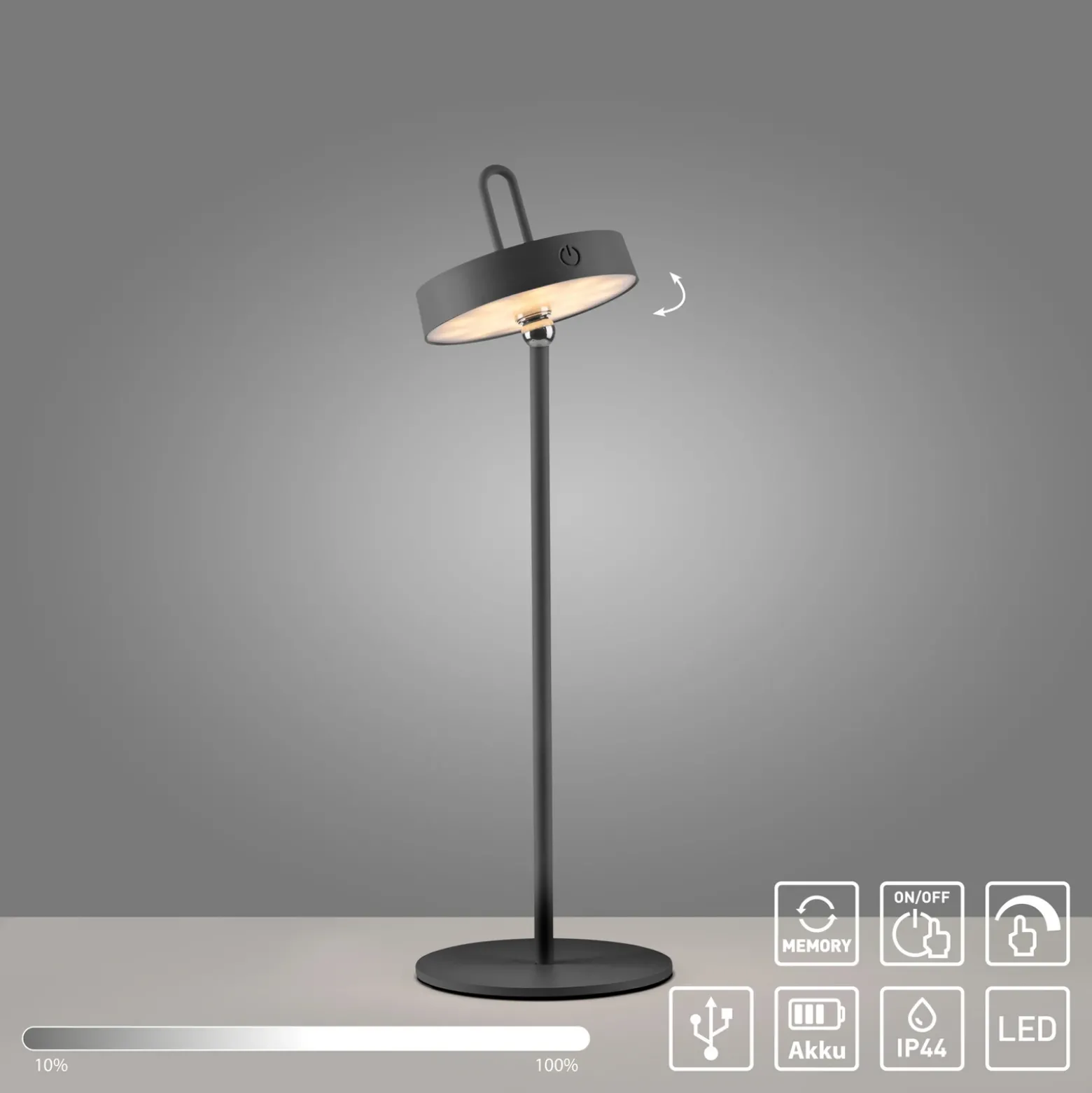 JUST LIGHT. Lámpara de mesa LED recargable Amag, negra, hierro, IP44