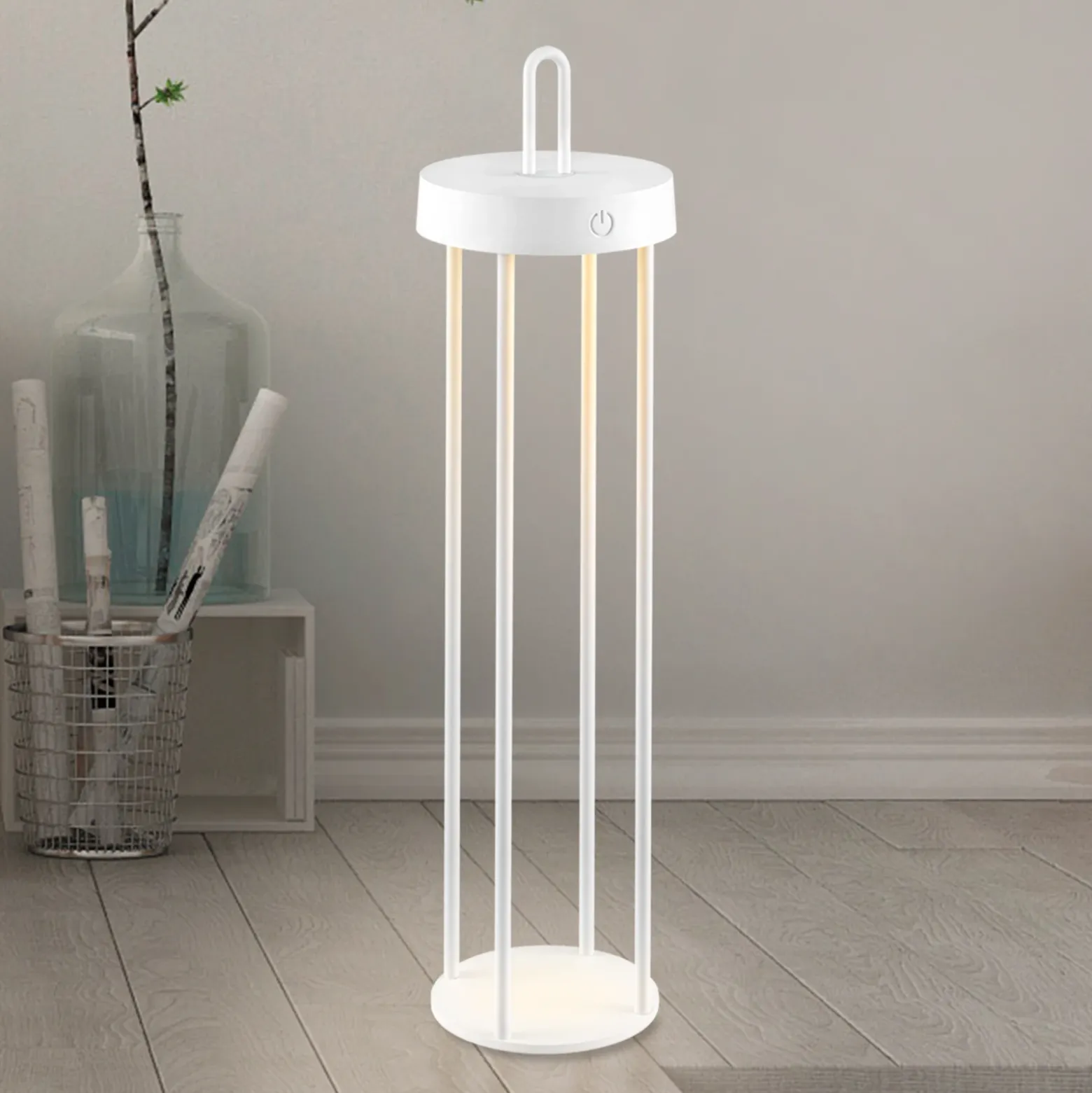 JUST LIGHT. Lámpara de mesa LED recargable Anselm, blanca, 50 cm, hierro