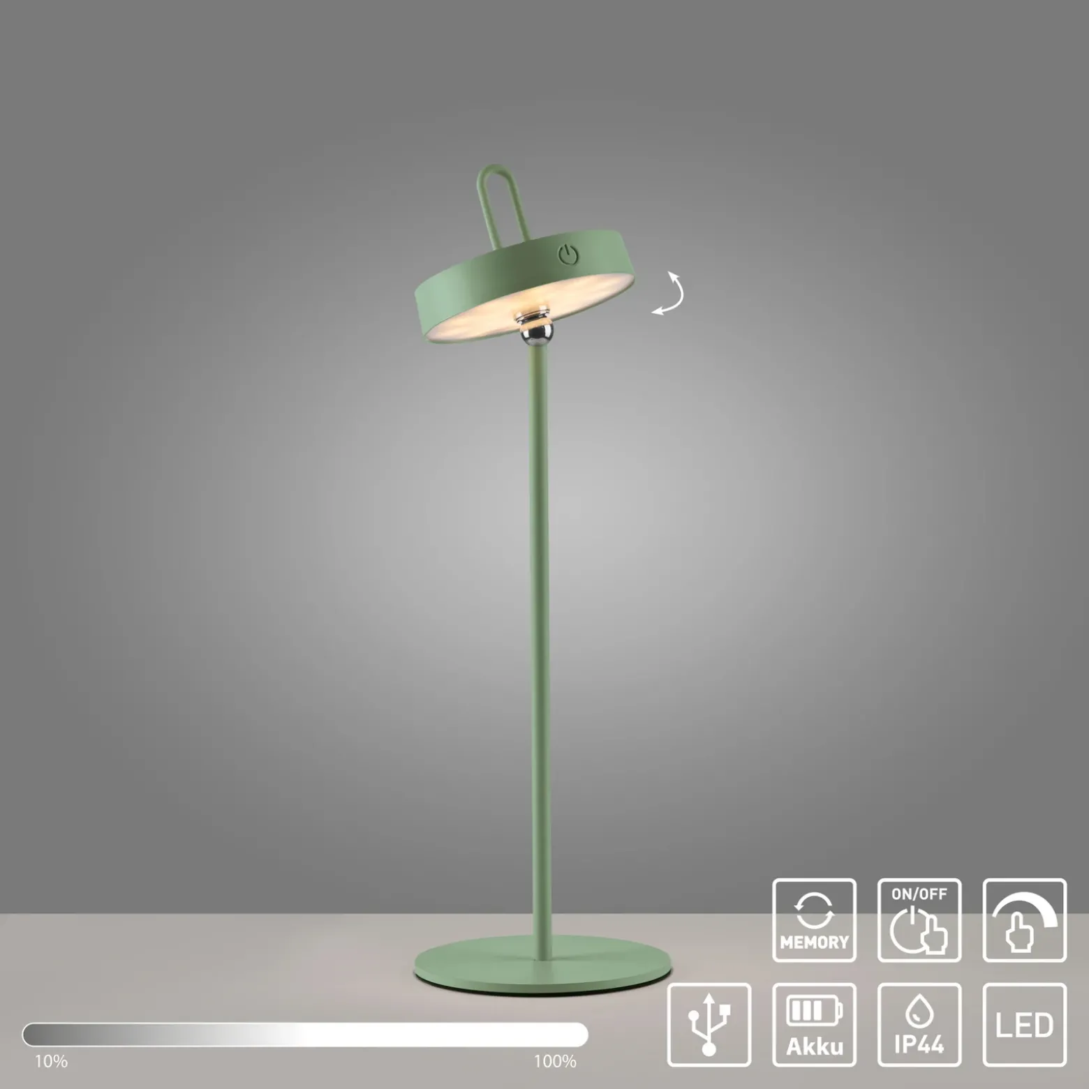JUST LIGHT. Lámpara de mesa LED recargable Amag, verde, hierro, IP44