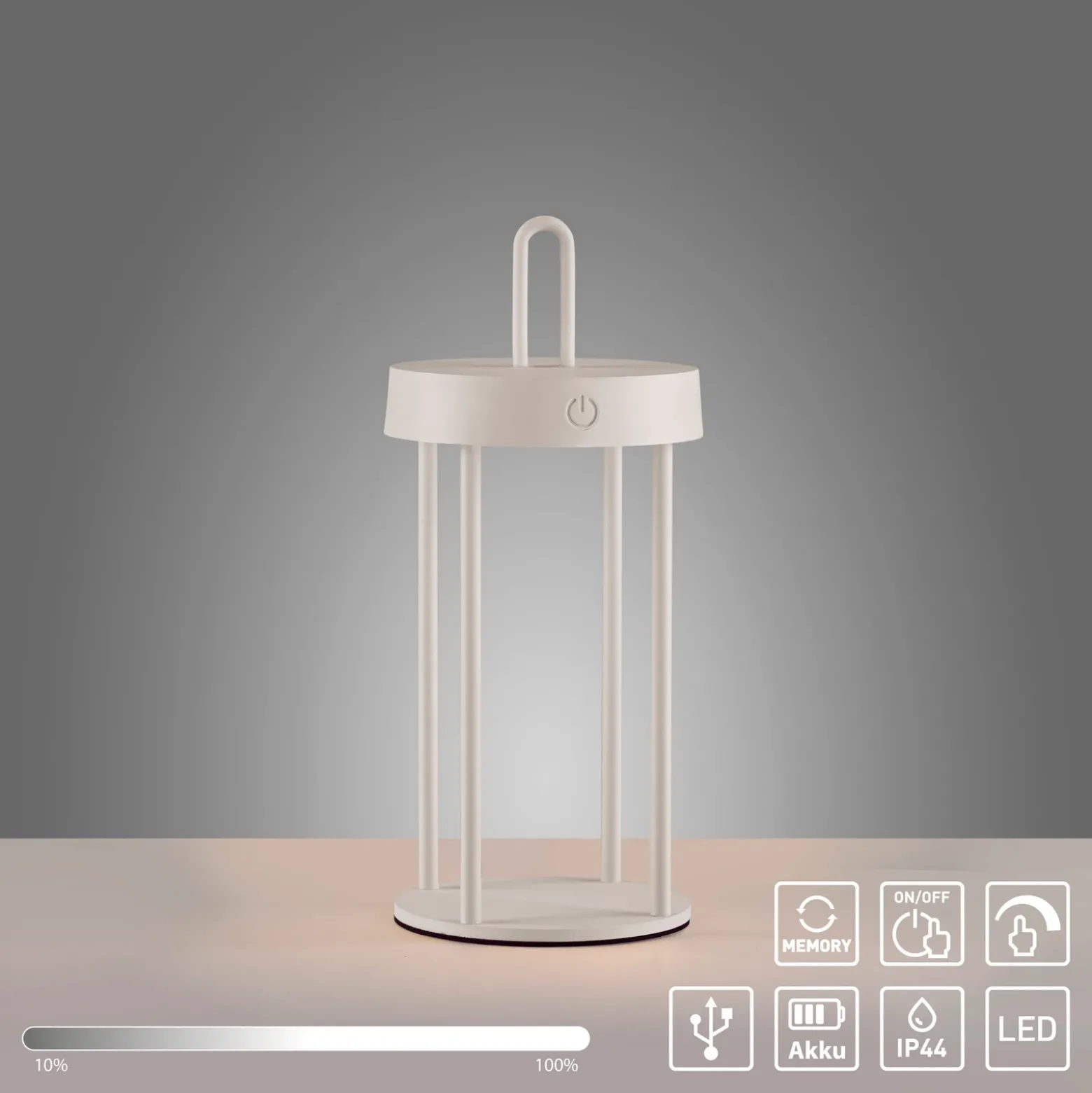 JUST LIGHT. Lámpara de mesa LED recargable Anselm, blanca, 28 cm, hierro