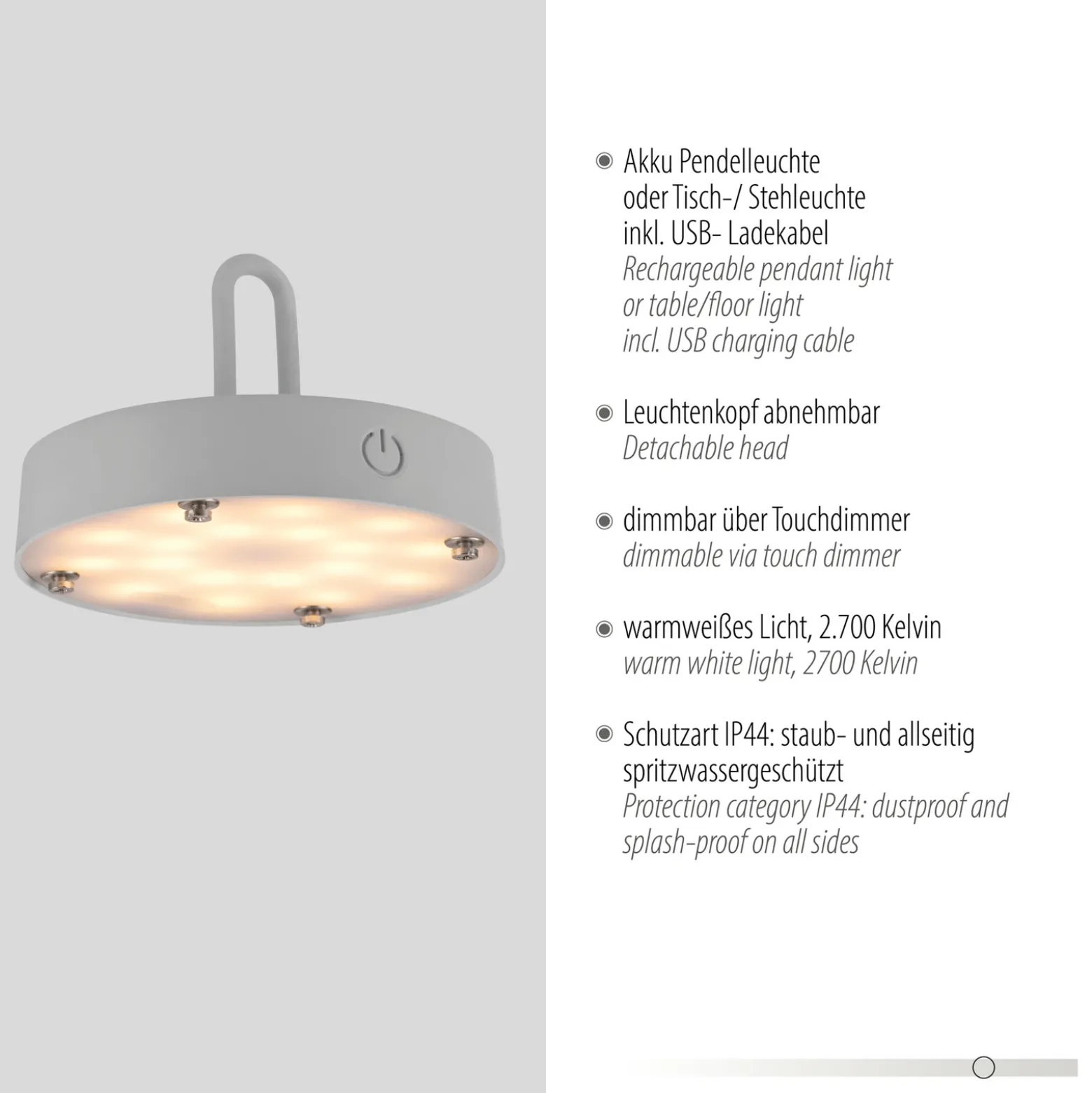 JUST LIGHT. Lámpara de mesa LED recargable Akuba gris-beige 37cm bambú