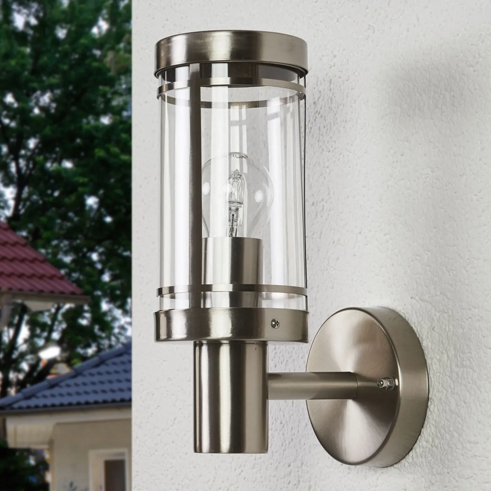 Lindby Aplique para exterior Djori, color aluminio, acero inoxidable, E27