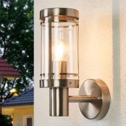 Lindby Aplique para exterior Djori, color aluminio, acero inoxidable, E27