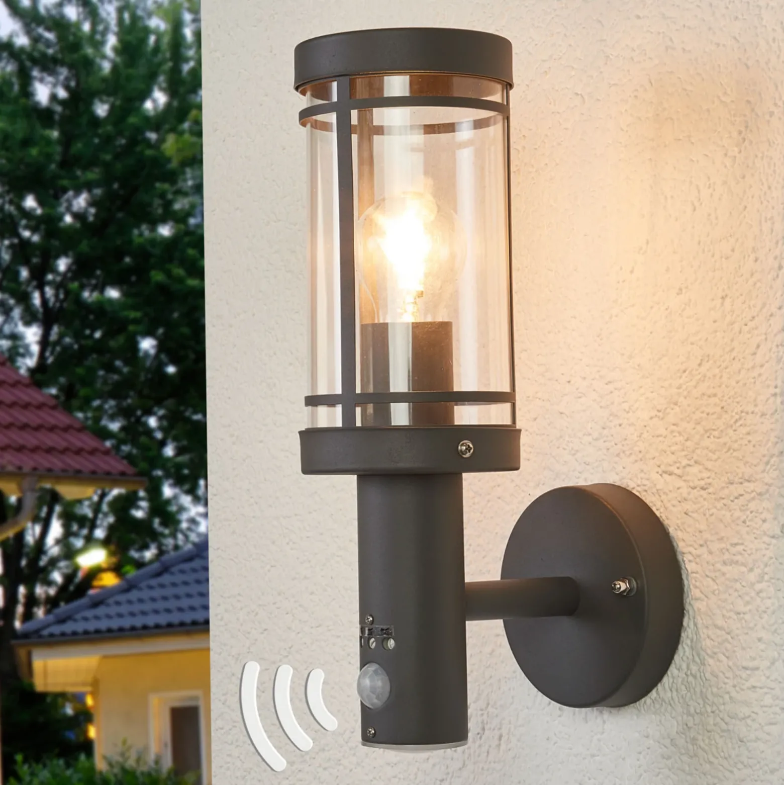 Lindby Aplique para exterior Djori, sensor, antracita, acero inoxidable