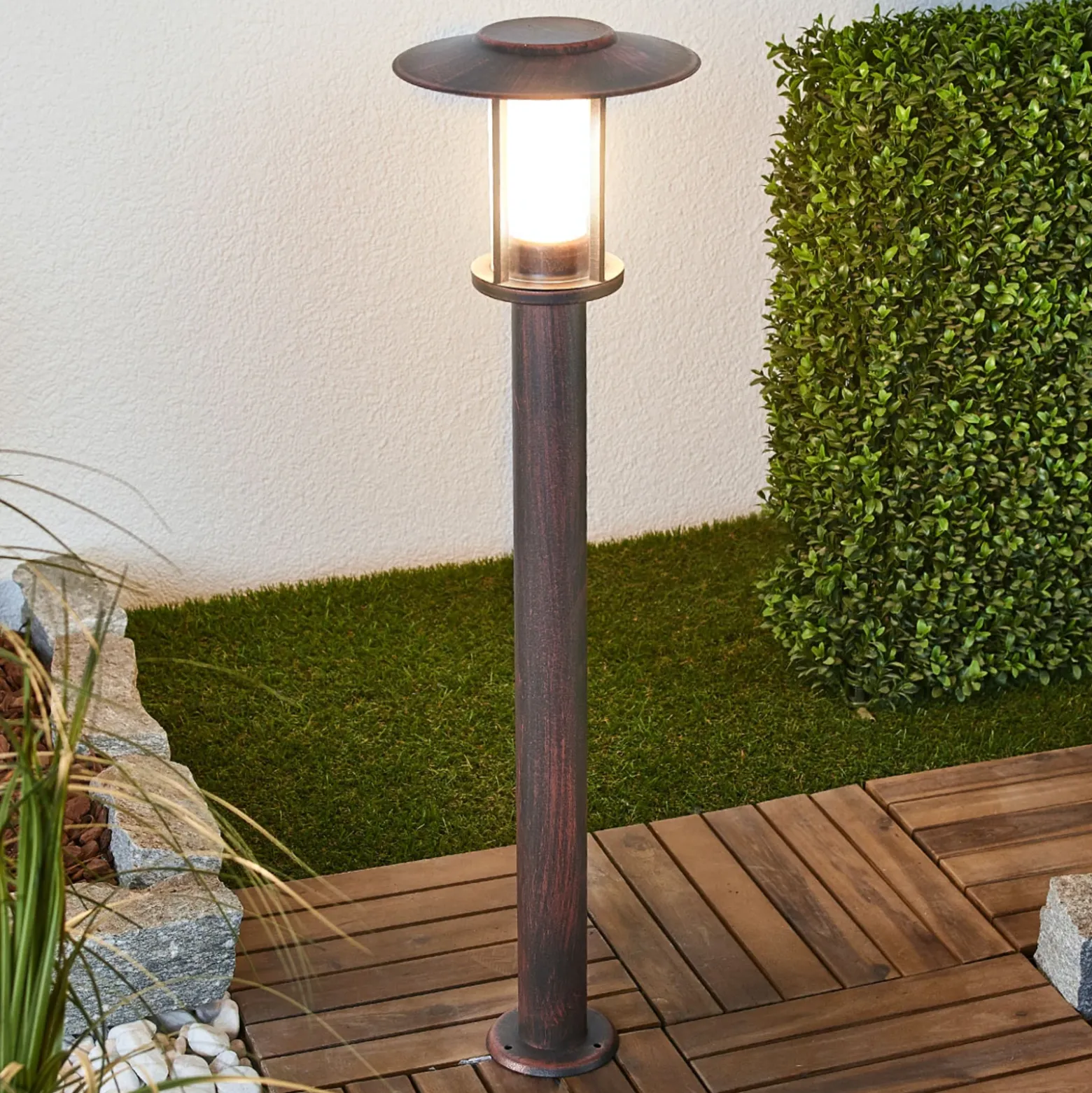 Lindby Bolardo luminoso LED Pavlos, 76 cm, color óxido, acero inoxidable