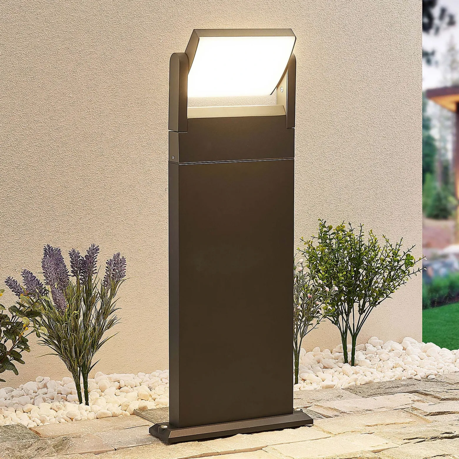 Lindby Cathalena Bolardo luminoso LED en gris oscuro