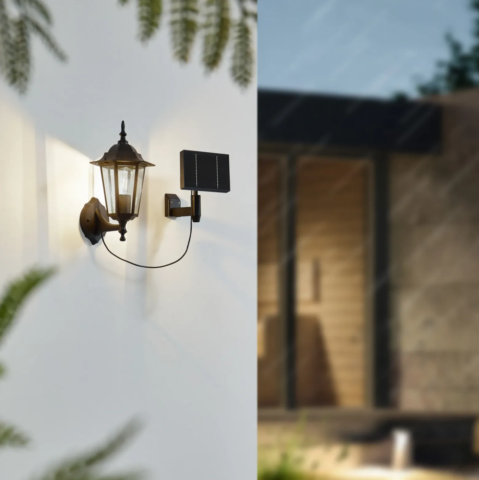 Lindby Lámpara solar LED de pared Sayata, negra, aluminio, farolillo