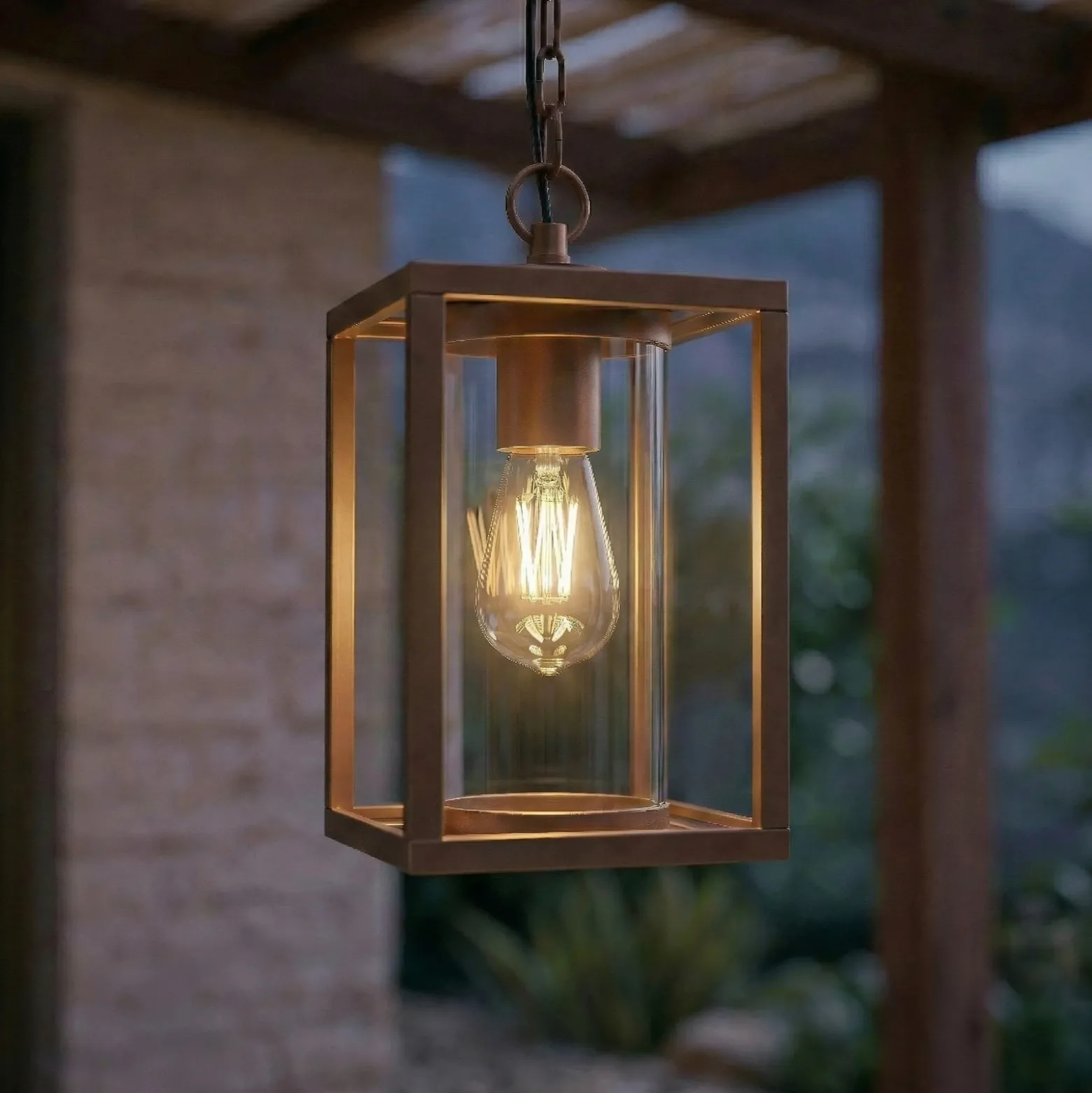 Lámpara colgante exterior Lucande Ferda, marrón, IP44, cristal, E27