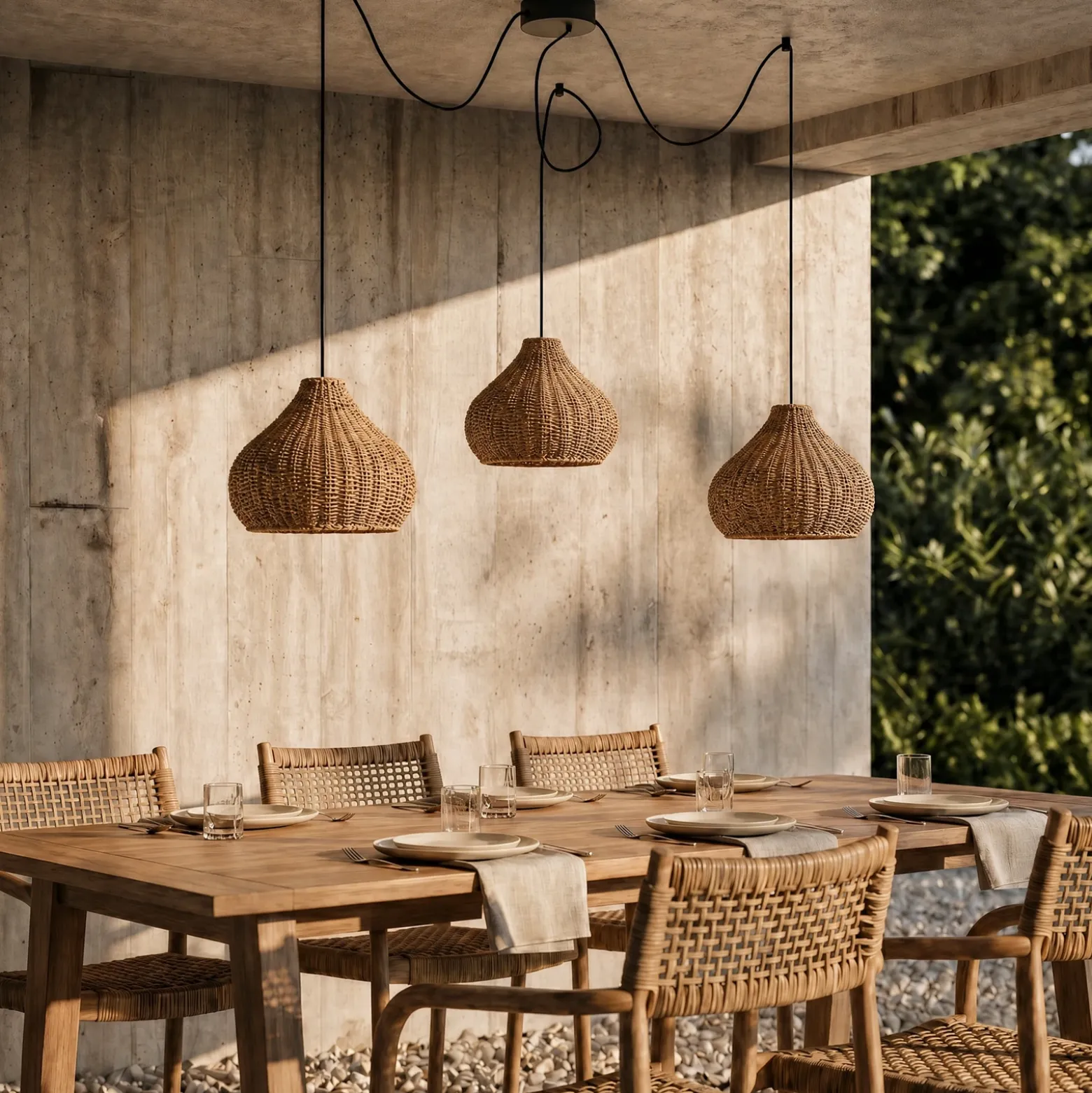 Lámpara colgante exterior Lucande Taniola, 3 luces, beige, ratán, IP44