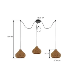 Lámpara colgante exterior Lucande Taniola, 3 luces, beige, ratán, IP44