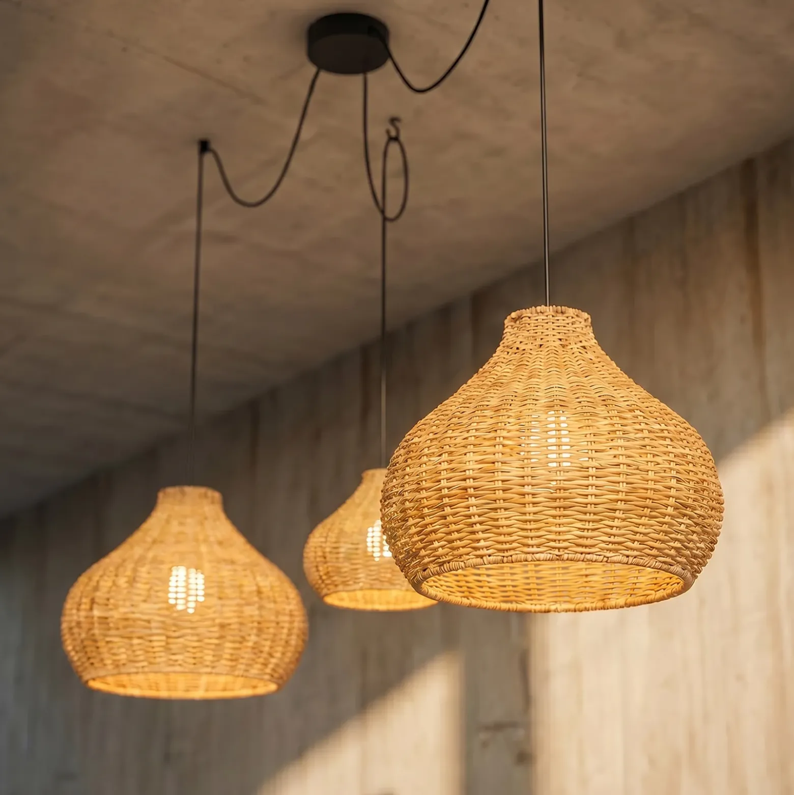 Lámpara colgante exterior Lucande Taniola, 3 luces, beige, ratán, IP44