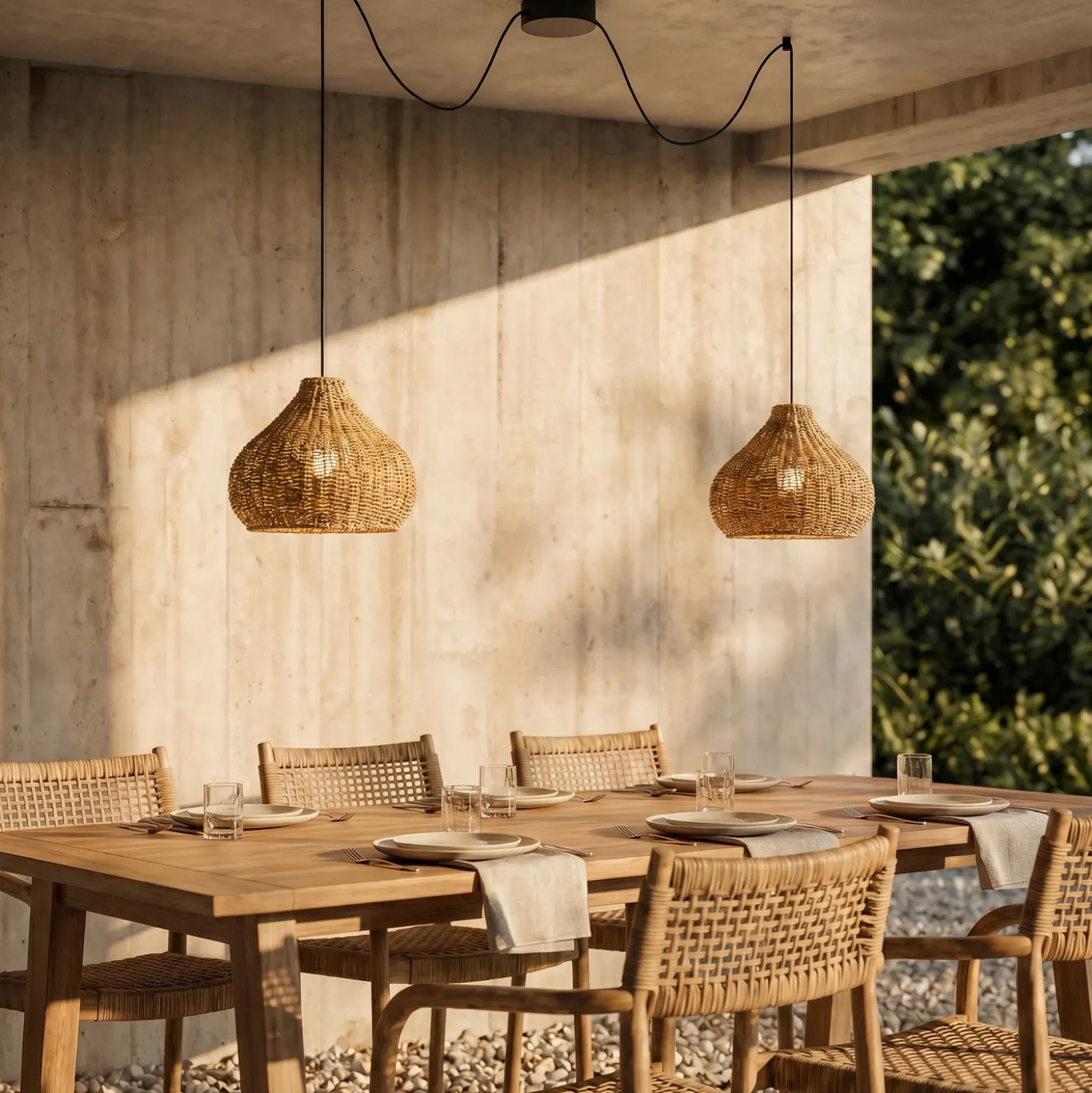 Lámpara colgante exterior Lucande Taniola, 2 luces, beige, ratán, IP44