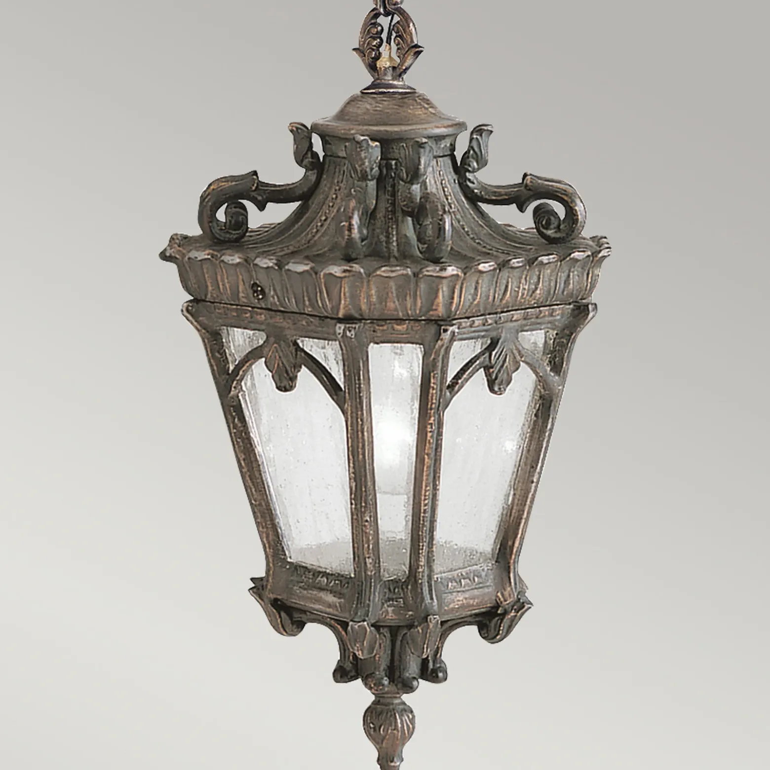 Lámpara colgante exterior Tournai, Ø 19 cm, bronce, aluminio, cristal