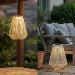 Lámpara colgante solar LED Lindby Austas, beige, Ø 32 cm, USB, IP54