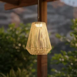 Lámpara colgante solar LED Lindby Austas, beige, Ø 32 cm, USB, IP54