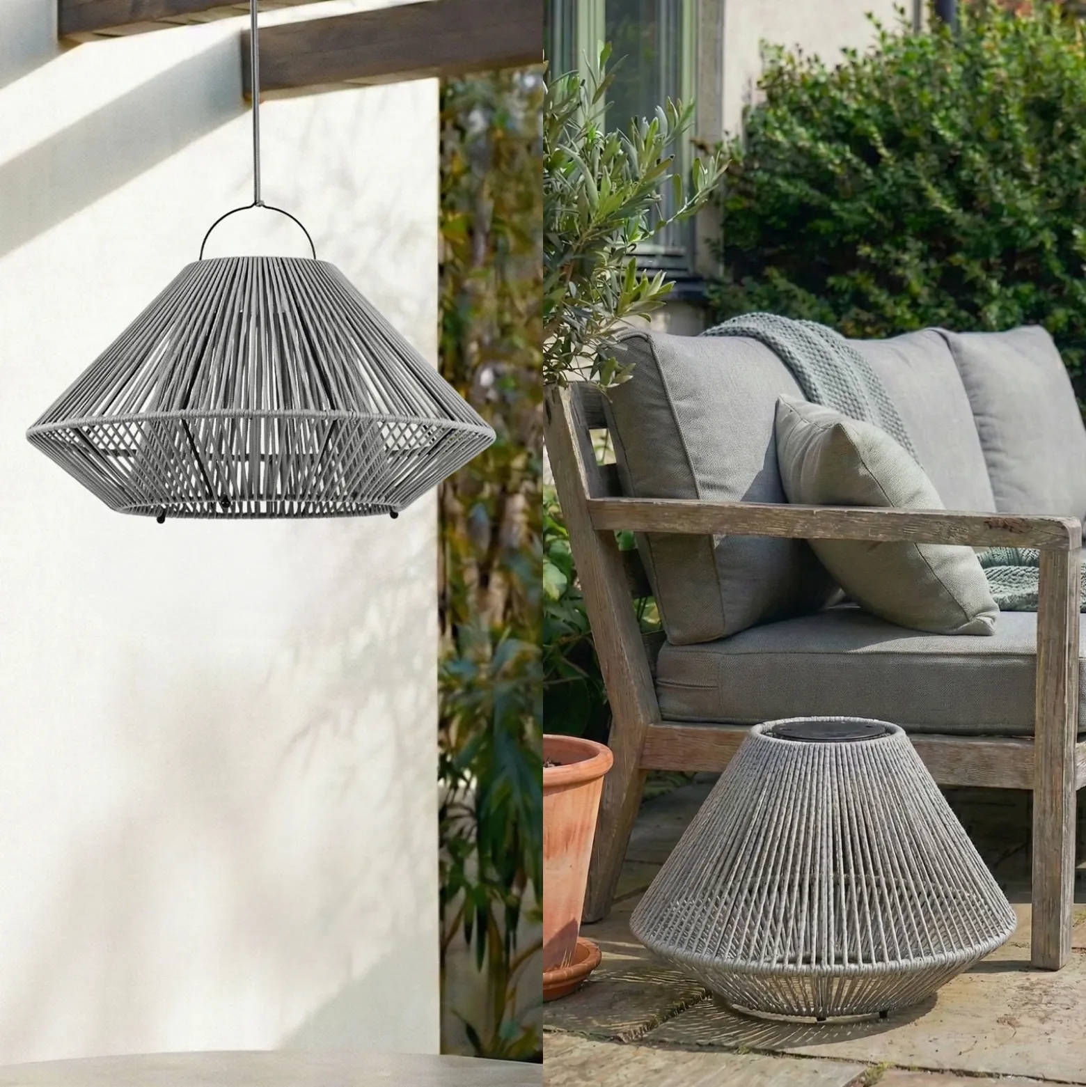 Lámpara colgante solar LED Lindby Austas, gris, Ø 50 cm, USB, IP54