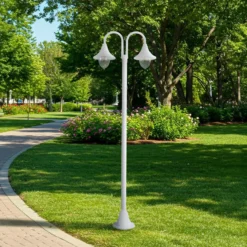 Lámpara de exterior Lindby Madea, blanca, 2 luces, 213 cm, E27, IP44