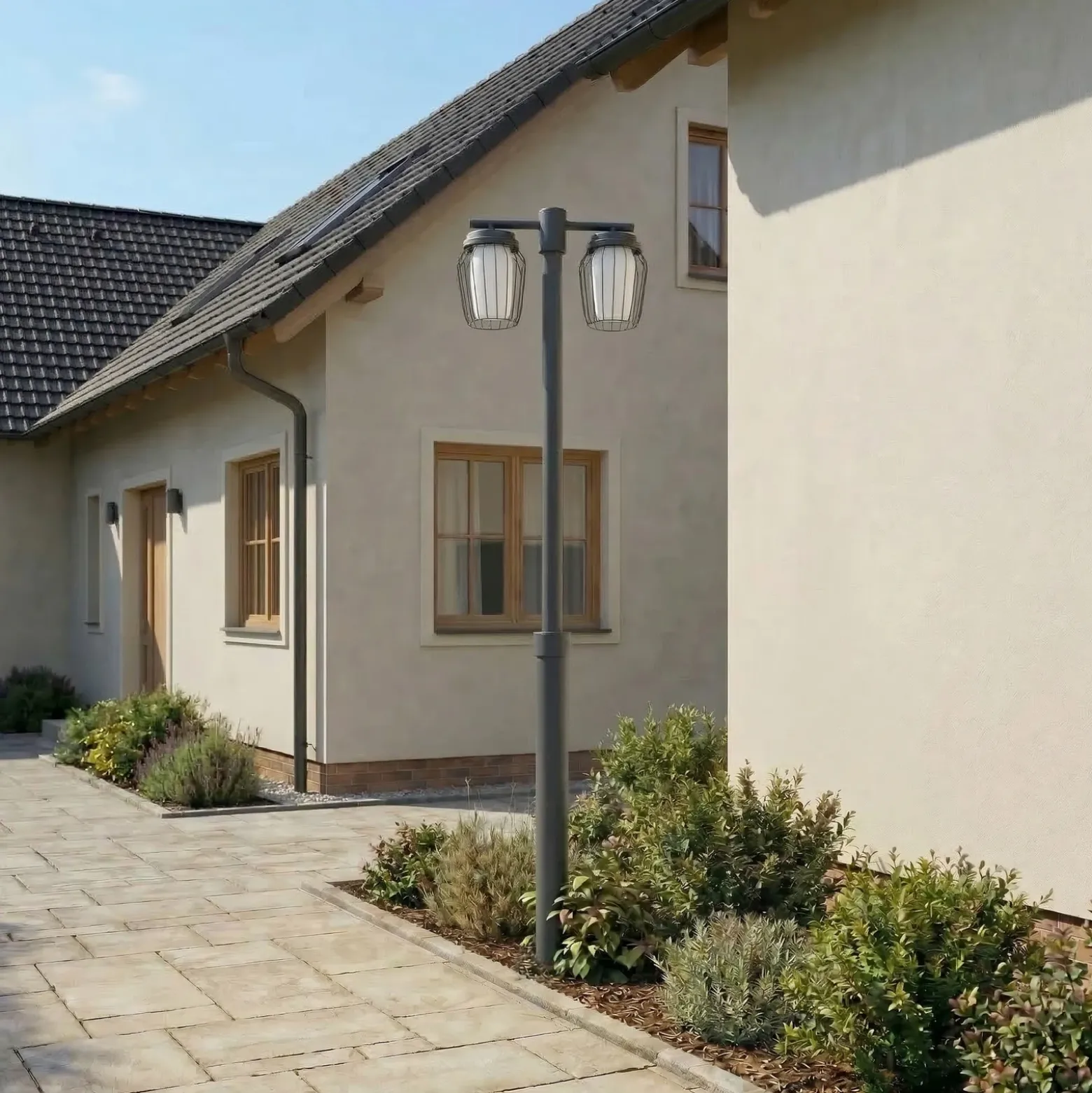 Lámpara de exterior Lucande Chandan, altura 215 cm, color antracita, 2 luces.