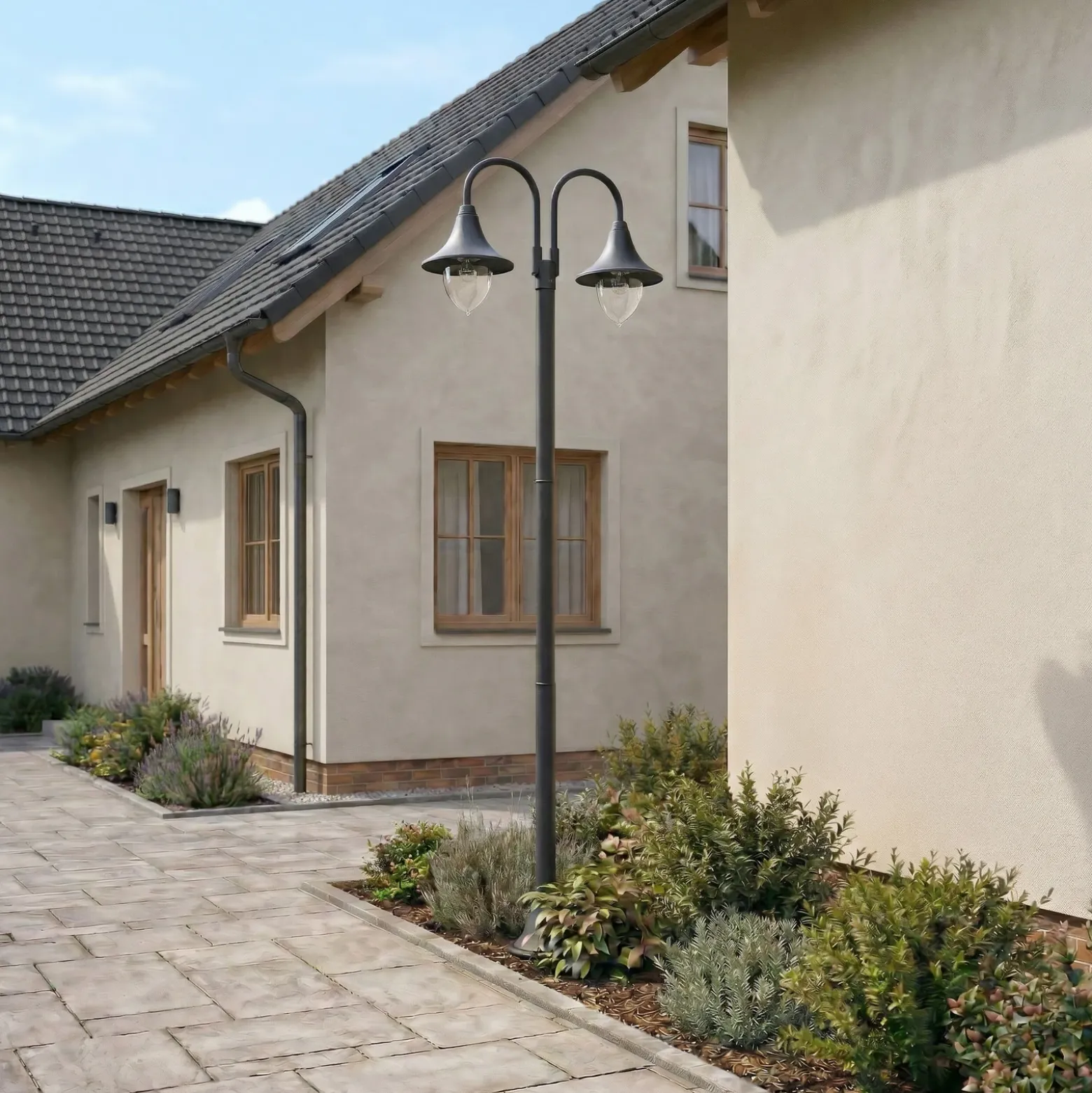 Lámpara de exterior Madea de Lindby, gris, 2 luces, 212 cm, E27, IP44