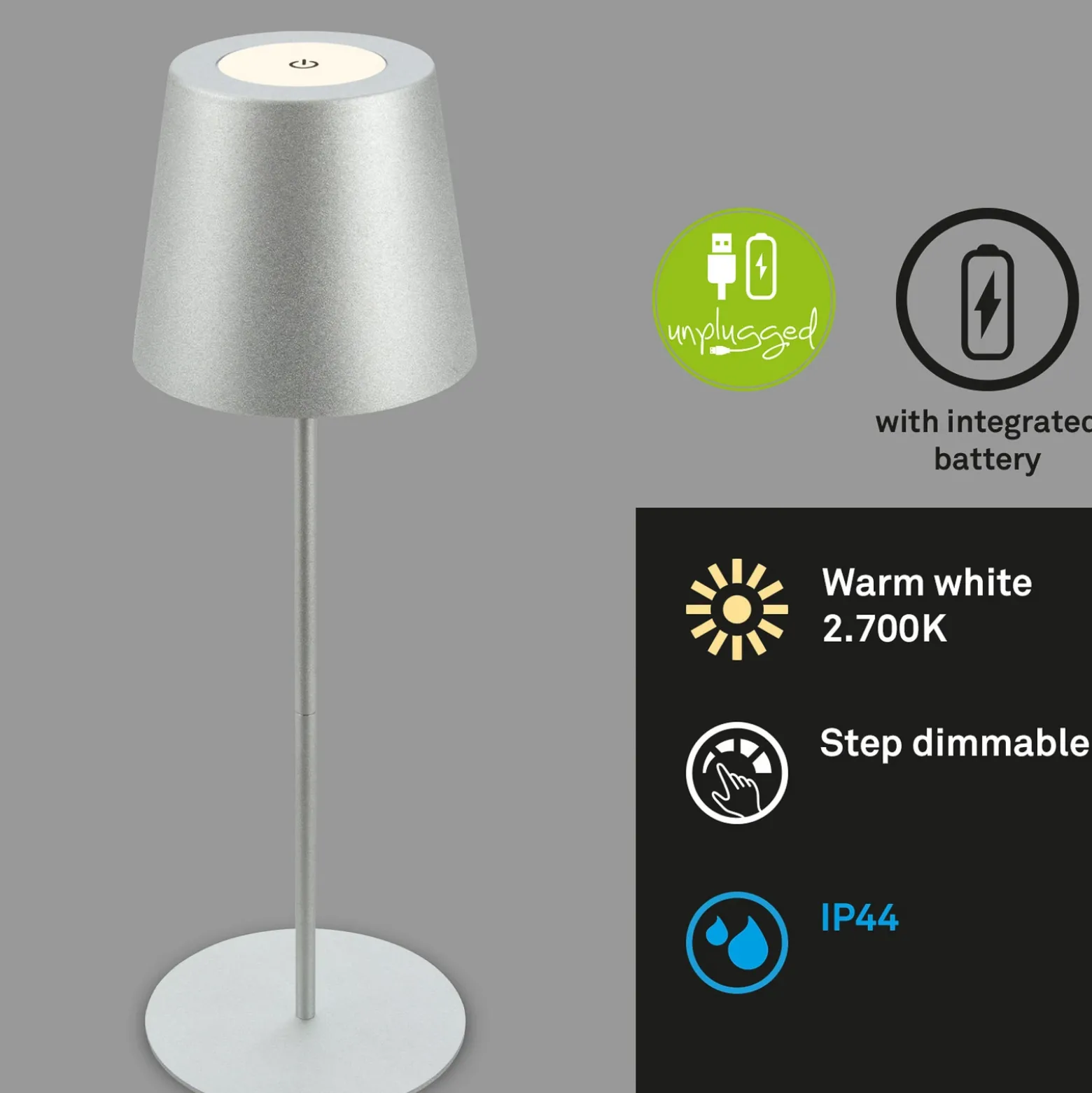 Lámpara de mesa LED con batería 7508014 cromo mate 2.700 K IP44 Touchdim