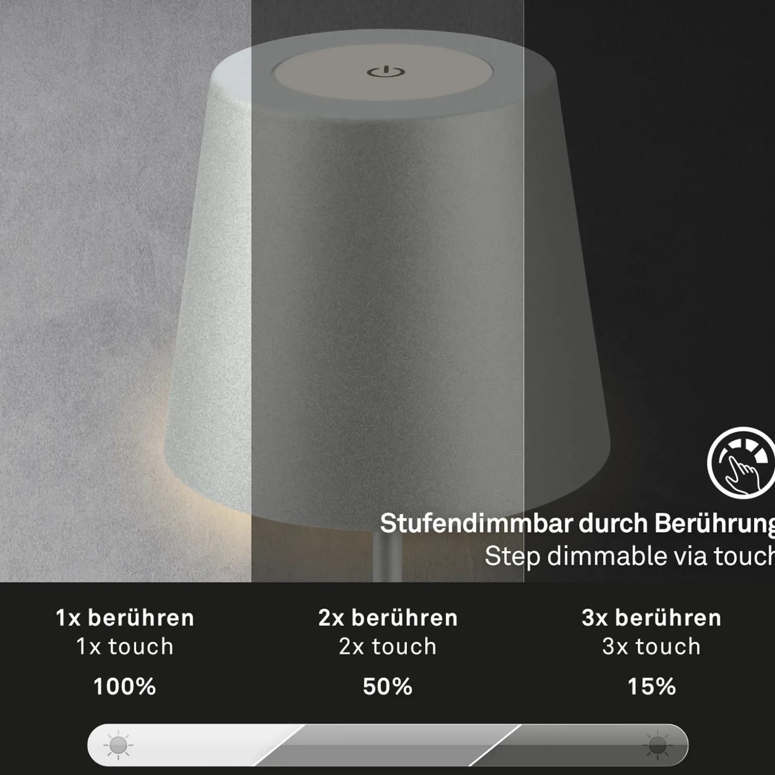 Lámpara de mesa LED con batería 7508014 cromo mate 2.700 K IP44 Touchdim
