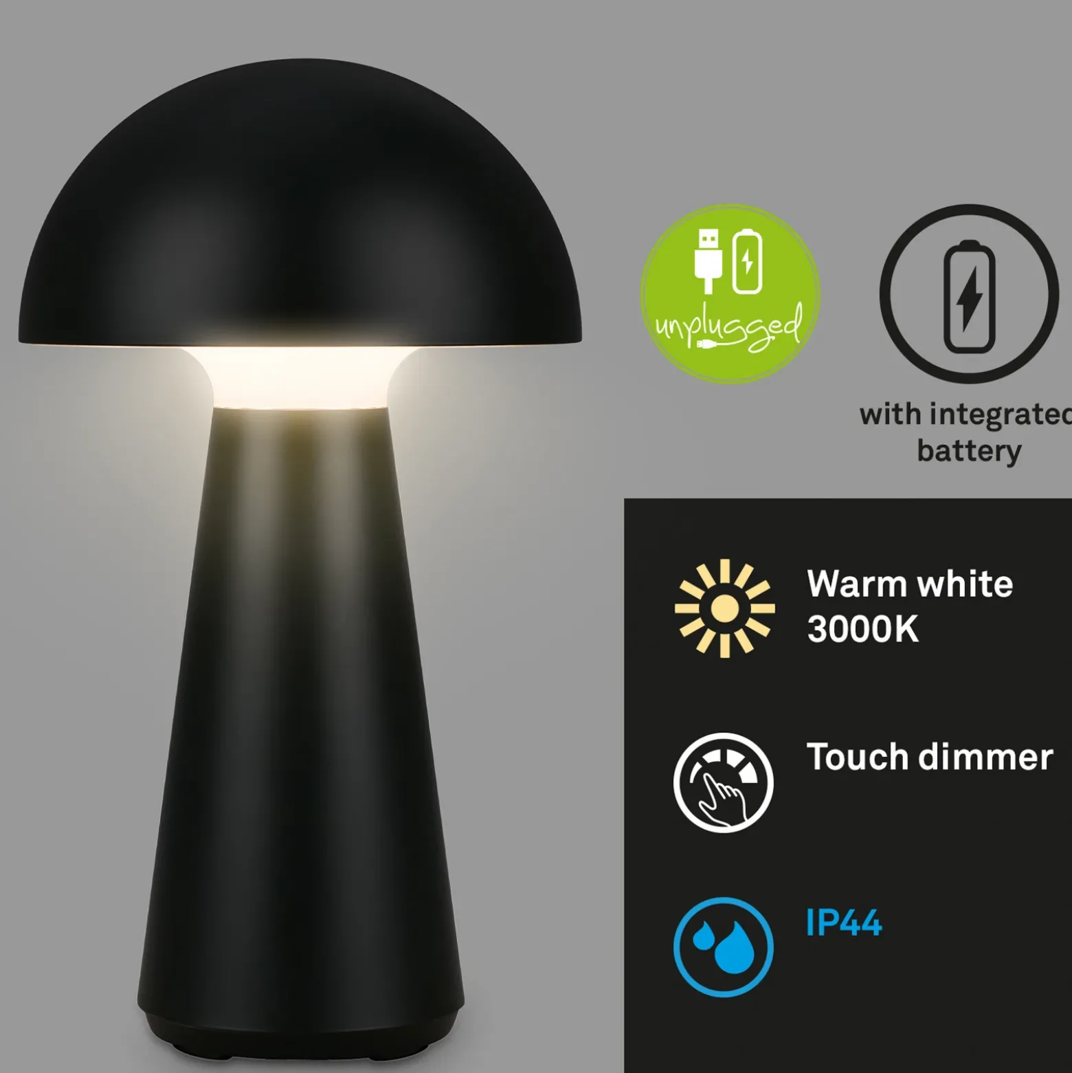 Lámpara de mesa LED Fungo, recargable, negra
